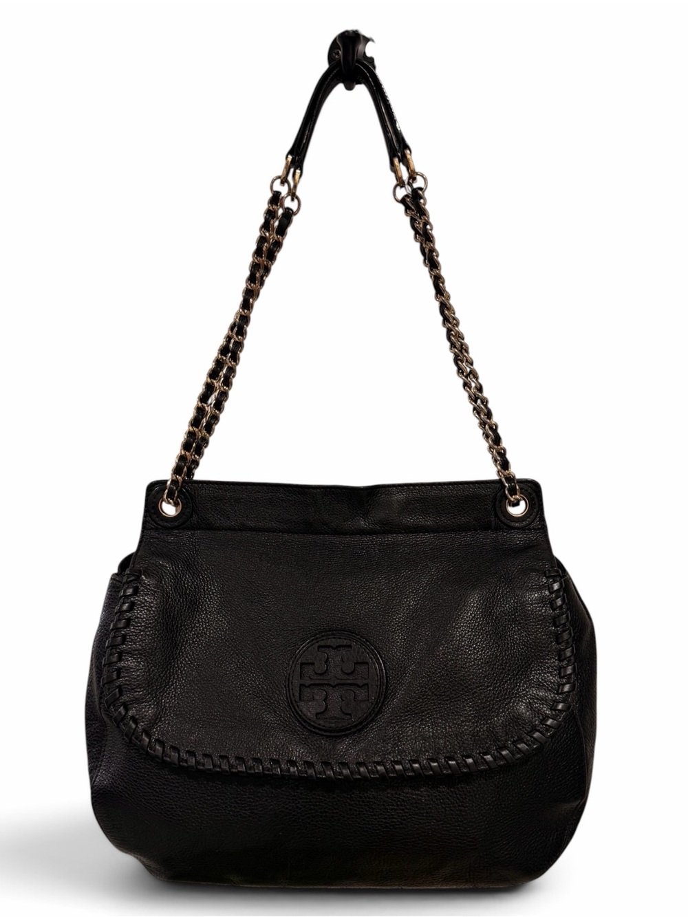 Tory Burch Marion Whipstitch Black Pebbled Leather Flap Saddlebag Purse